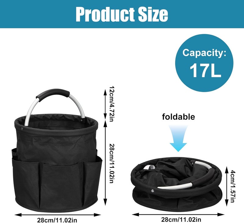 Yallmie 17L Portable Cleaning Bucket Organiser, 6 Pockets Foldable Cleaning Caddy with Handle Wearable Cleaning Caddy Bag for Outdoor Camping Garden Harvest Basket Home Bathroom Storage (Black) - Image 2